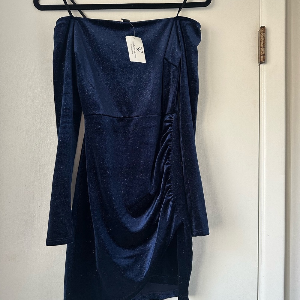 Windsor Blue Bodycon Long Sleeve Off the Shoulder Dress